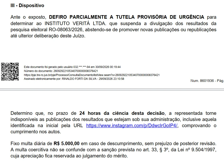 Justiça mais uma vez proíbe Veritá de divulgar pesquisa com Marcos Rogério à frente